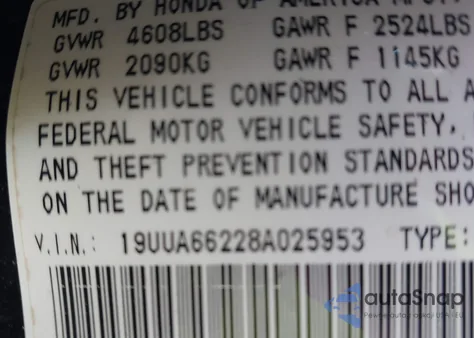 2008 Acura Tl 3.2 из США, поврежденный, VIN 19UUA66228A025953